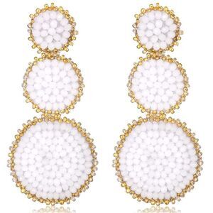 White and Gold Beaded Triple Disc Round Boho Drop Statement Post Back Earrings